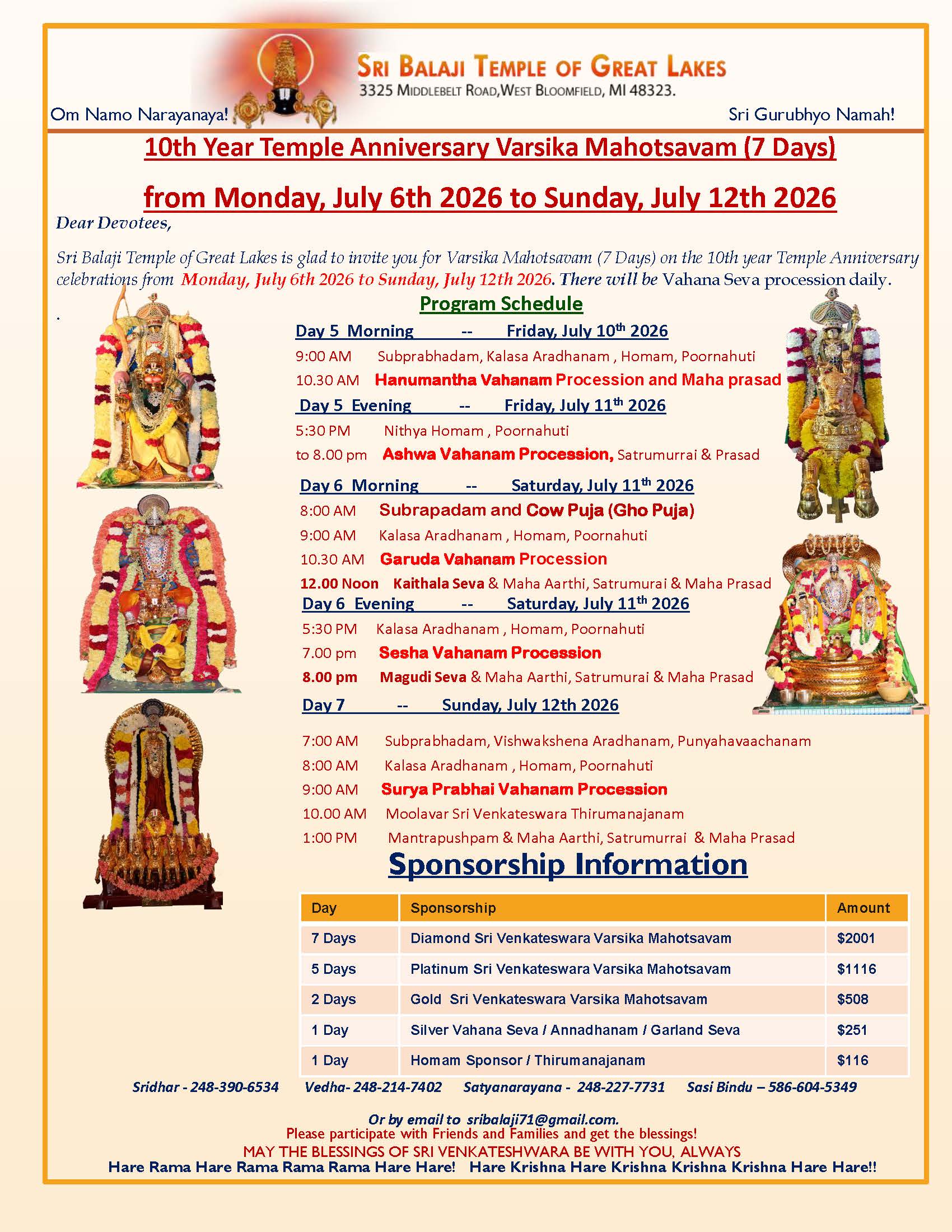 10th Year Temple Anniversary Varsika Mahotsavam 7 Days 