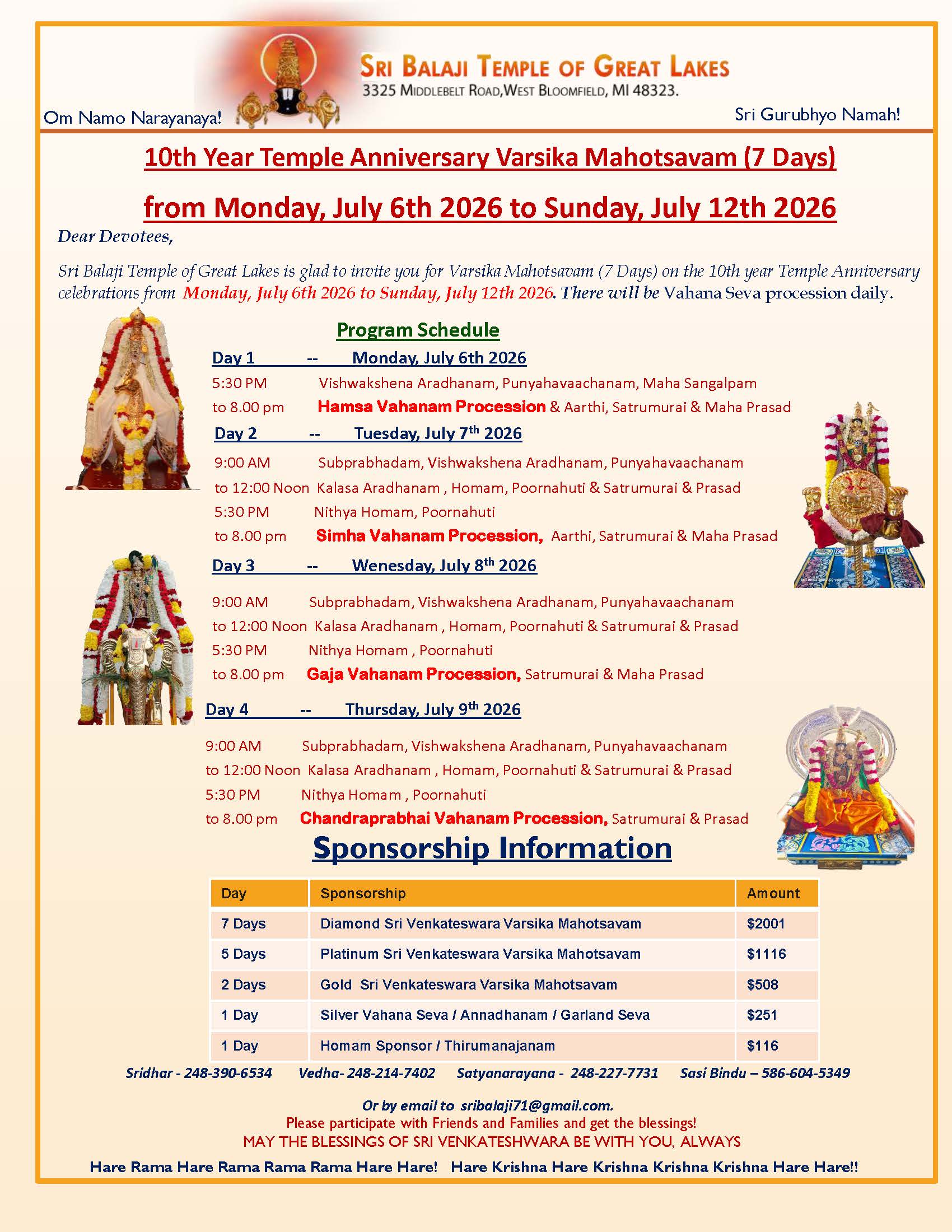 10th Year Temple Anniversary Varsika Mahotsavam (7 Days) 