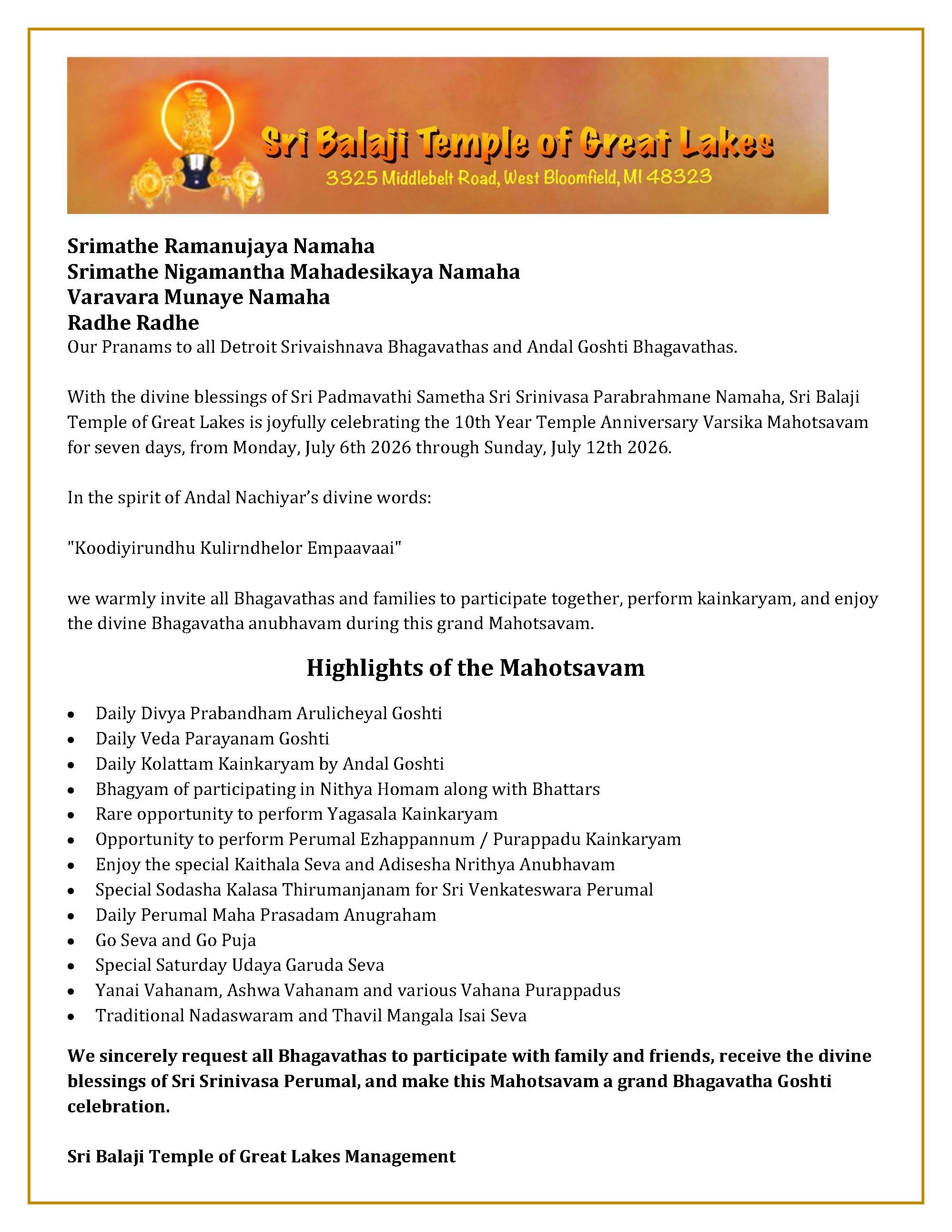 Highlights of Temple Anniversary Varsika Mahotsavam